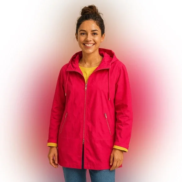 Luii for Anthropologie Fuchsia Travel Hooded Jacket Yellow Lining Size L NWOT - Picture 6 of 15